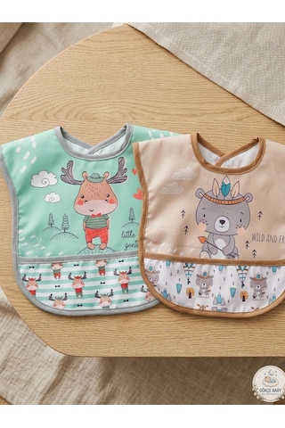 Set Kısa Kollu Bağlamalı Ayarlanabilir Sıvı Geçirmez Aktivite ve Mama Önlüğü Geyikli & Kızılderili Çok Renkli 2'li