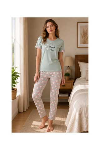 Ertaş Trend Sore Kadın Pamuklu Penye Baskılı Kısa Kollu Bisiklet Yaka Pijama Takımı - Mint Birden Fazla