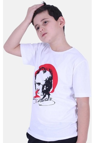 Atatürk Baskılı İmzalı Beyaz Kırmızı Unisex Çocuk T-shırt-beyaz Kırmızı Beyaz - Kırmızı