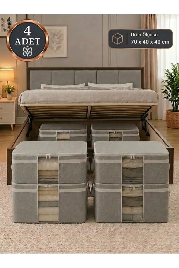 Lüks 4'lü Baza Altı Hurç Seti 70x40x40 Cm Geniş Hacimli Saklama Çantası Açık Gri