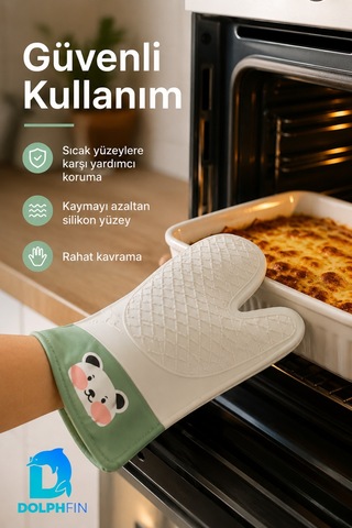 Silikon Fırın Eldiveni Panda Desenli Isıya Dayanıklı Kaymaz Mutfak Eldiveni Yeşil Cok Renkli