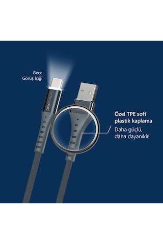 Polosmart Psm26 Type-C Led Aydınlatmalı Şarj Ve Data Kablo Siyah