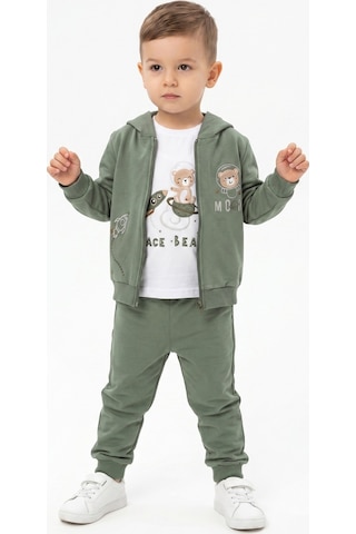 Toontoy Kids Toontoy Erkek Çocuk 3'lü Eşofman Takımı Uzun Kollu Bisiklet Yaka Nakışlı T-shirt - Kapüşonlu Fermuarlı Hırka- Beli Paçası Lastikli Eşofman Altı 25045 Yeşil