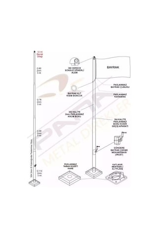 12 Metre İnox 304 Kalite Paslanmaz Krom Çelik Profesyonel Bayrak Direği Standart