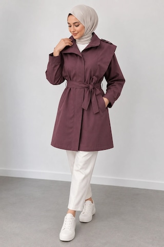 Nevayla Moda Kuşaklı Fermuarlı Mevsimlik Trençkot - Mürdüm / M0116