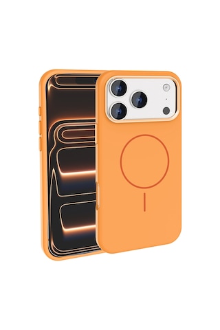 Apple Uyumlu iPhone 17 Pro Max Kılıf M-safe Şarj Özellikli Metal Kamera Çerçeveli Zore Edi Silikon Kapak Turuncu