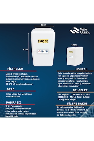 8 Lt Metal Tanklı Çift Karbonlu Kapalı Kasa Pompasız Beyaz Su Arıtma Cihazı