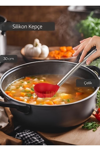 Silikon Kepçe Paslanmaz Saplı Servis Kepçesi Kırmızı 30 Cm