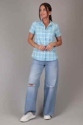 Sweetness Kadın Mavi Kareli Kısa Kollu Pamuklu Gömlek Dk-1190 Mavi