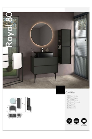 Evros Royal 80 Cm Banyo Dolabı Boy Dolabı Dahil Siyah