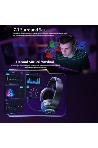 Qcy Heroad V200 Rgb 7.1 Usb Kablolu Gaming Oyuncu Kulaklığı Pc