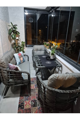 Kartepe Galvaniz Boru 2 1 1 Sehpa 60 90 Rattan Bahçe Balkon Takımı,gri Rattan/gri Kumaş Gri Rattan / Gri Kumaş