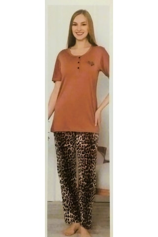 Miss Melina Bambu Kısa Kol Kadın Pijama Takımı Leopar Kahverengi - Leopar