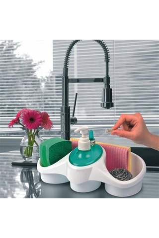 Biyomak Ergonomik Oval Deterjan Hazneli Sıvı Sabunluklu Süngerlik Beyaz