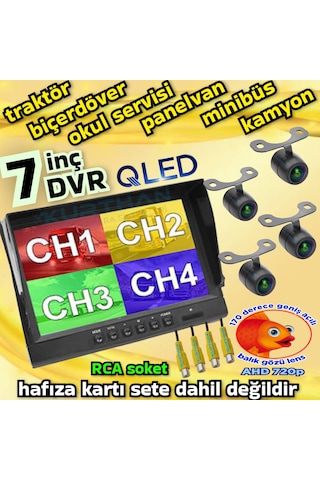 4 Adet Ledsiz Ahd 720p Balık Gözü Lens Kelebek Kamera 7 İnç Qled Hybrid Dvr Monitör 12 Volt 256 Gb