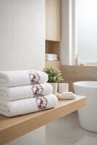 Bambu Pamuk 50 X 90 Cm Nakışlı El Havlusu Açık Bej - Yeşil