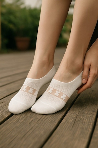 Kadın 5 Çift Premium Kalite Kalp Desenli Tül Çorap Beyaz ASORTİ