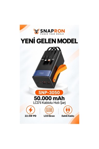 Snapron Snp-3050 50.000 Mah Lcd Ekran Dahili Kablolu 22.5w Hızlı Şarj Powerbank
