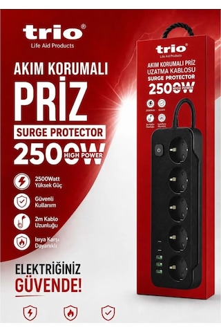 Trio Tr3441 Akım Korumalı 5li Priz Uzatma Kasblosu 2mt 3usb/2type-c 2 m
