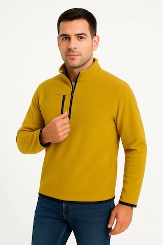 Efnaz Style Erkek Polar Kazak Dik Yaka, Yarım Fermuarlı, Fermuarlı Göğüs Cepli, Siyah Biyeli, Kışlık Rahat Regular Fit Günlük Model - Sarı