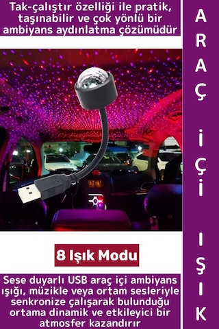 Ev Ofis Kamp 8 Farklı Işık Modu Sese Duyarlı Pratik Tak Çalıştır Çok Şık Usb Araç İçi Ambiyans Işığı Çok Renkli
