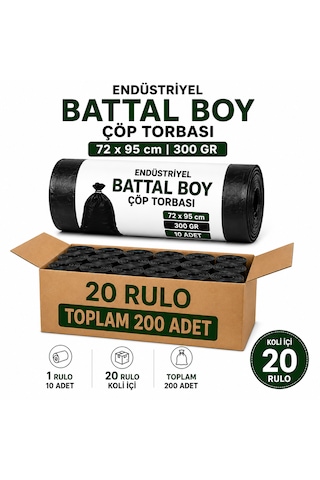 Endüstriyel Battal Boy Çöp Torbası 72x95 Cm 300 Gr - 20 Rulo X 10 Adet Toplam 200 Adet Kalın Ve Dayanıklı Siyah Çöp Poşeti