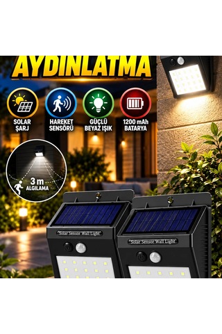 Hareket Sensörlü Solar Led Dış Mekan Lambası 3 M Pır Algılama 1200 Mah Beyaz Işık