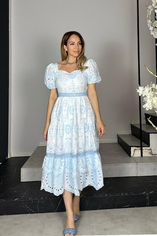 G1370 Balon Kol Fisto Elbise Mavi Mavi