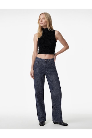 Koton Slim Fit Kolsuz Balıkçı Yaka Leopar Dokulu Crop Kadife Bluz Siyah 6wak10030ek Siyah