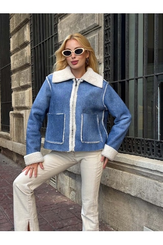 Kürk Detaylı Kışlık Denim Ceket Mavi
