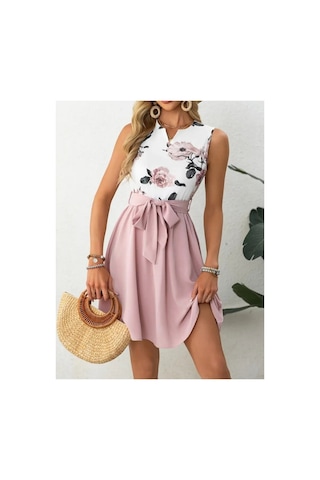 Butik İstanbul Kadın Sıfır Kollu V Yakalı Çiçek Baskılı Beli Kuşaklı Dalgıç Elbise Pembe