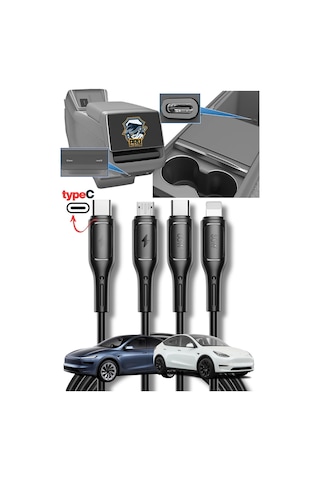 Tesla Model Y 2024-2025 Juniper Type-c Şarj Kablosu 1.2m 60w Süper Fast Pd 3in1 Apple Uyumlu iPhone Samsung Xiaom