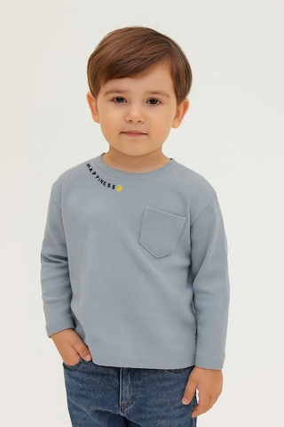 Luess Unisex Çocuk Happiness Nakışlı Cepli Fitilli Kaşkorse Tişört Açık Mavi