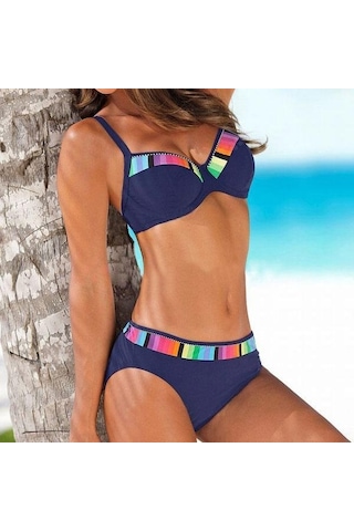 Yeni Yaz Kadın Bikini Seti Colorblock Yüksek Bel Yüzme Alt Rahat Kadın Beachwear Mayo Mayo İç Giyim Mavi