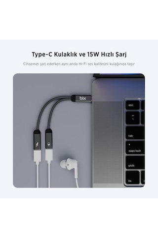 Bix Adp-13 Type-c To Çift Type-c Kulaklık Ve 15w Şarj Dönüştürücü
