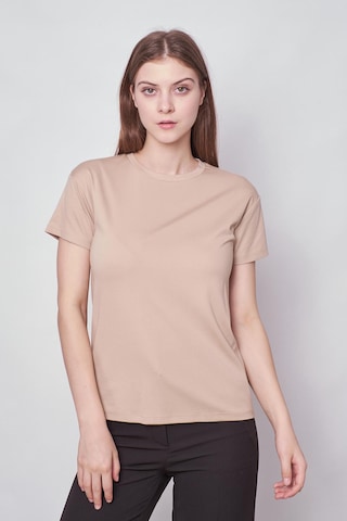 Jument Kadın Sıfır Yaka Kırışmaz Span Karışımlı Şık Kısa Kol Likralı T-shirt Bluz-koyu Bej K.bej