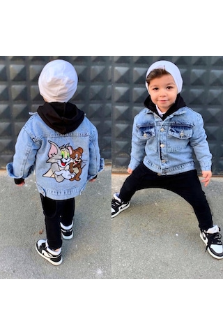 Berfonzo Kids Erkek Çocuk Tom Jerry Nakış Detay Kot Ceker Mavi