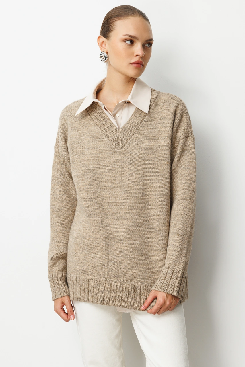 Mizalle V Yaka Oversize Bej Rengi Triko Kazak Bej
