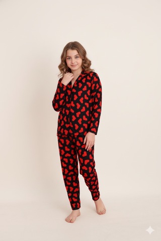 Beka Kids Desenli Uzun Kollu Önden Düğmeli Gömlek Yaka Kız Çocuk Pijama Takımı Siyah