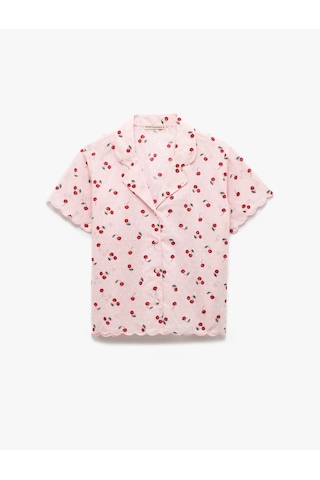 Koton Pamuklu Gömlek Yaka Kiraz Desenli Kısa Kollu Pijama Üstü Pembe Desenli 5slk50017mw Pembe Desenli