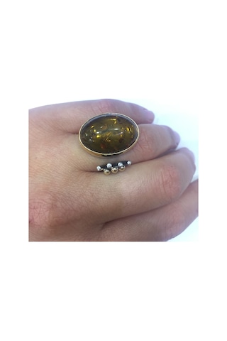 Kehribar Taşlı Gümüş Yüzük 925 Ayar - 217290351