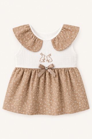 Babyhola Kız Bebek Müslin Sıfır Kol Yazlık Elbise 15234 Kahverengi