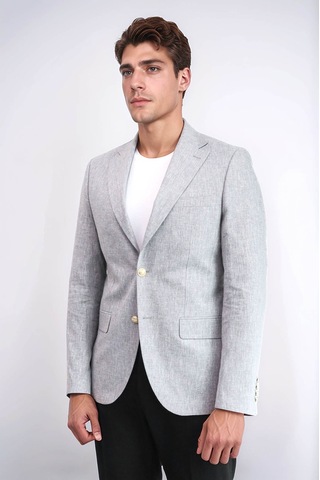 Gri Keten Dokulu Gold Renk Metal Düğmeli Slim Fit Erkek Blazer Ceket - Wessi Grey