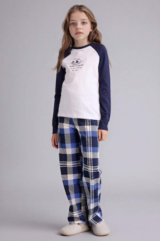Defacto Kız Çocuk Pijama Takımı Baskılı Uzun Kollu Üst Kareli Uzun Alt F7288a825auwt79 Beyaz-wt79