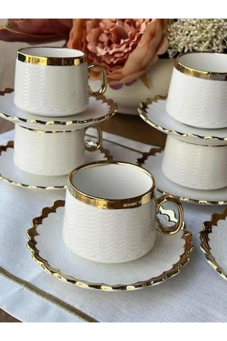 Çeyizci Çarşı Daisy Çay Ve Nescafe Fincanı Takımı 6 Kişilik 180 Cc Purebone-276 Beyaz-gold