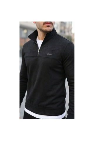 Butik İstanbul Erkek Süet Yarım Fermuar Dik Yaka Sweat Siyah