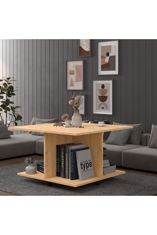 Asra Trend Kare Orta Sehpa OS002 %100 MDF Tekerlekli 4 Bölmeli Raf Takımı Safir Meşe