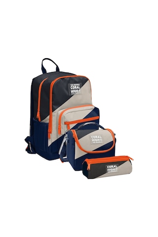 Coral High İlkokul Ve Ortaokul Okul Çanta Üçlüsü - Erkek Çocuk, Lacivert Bej Renkli Çizgili Lacivert - Bej