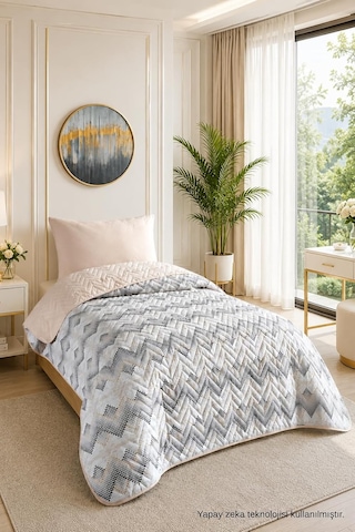 Tr Tek Kişilik Pike Çift Taraflı Kapitone Pike Ve Yatak Örtüsü Takımı 160x230 Cm Desenli Çarşafsız Bej Genel