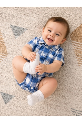 Babyhola Erkek Bebek Çıtçıtlı Gömlek Badi Poplin Kumaş Kısa Kollu Şık Tulum 3503 Lacivert
